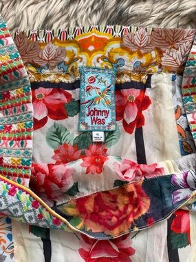 Johnny Was Floral Patchwork Embroidered blouse Red, Pink, Turquoise